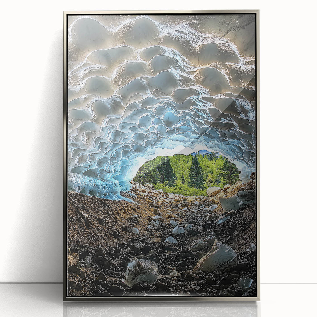Framed acrylic artwork showcasing a stunning landscape with intricate cave formations, presented in a sleek silver frame that enhances its modern aesthetic. Ideal for contemporary home decor.
