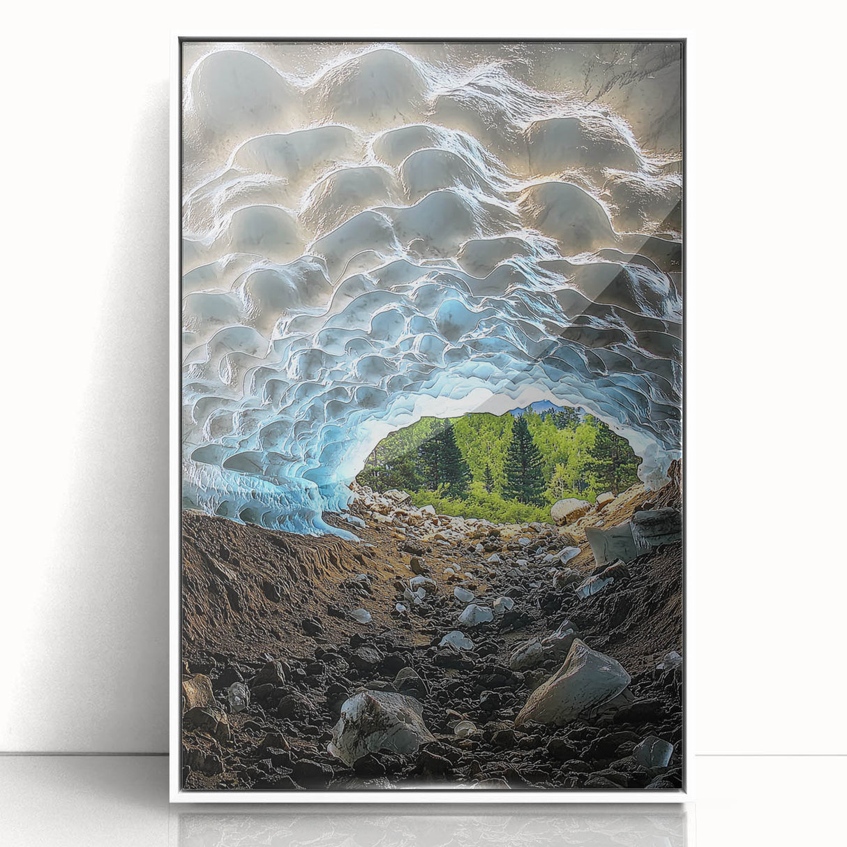 Framed acrylic artwork depicting a serene landscape with caves, showcasing earthy tones and intricate details, perfect for home decor and interior design.