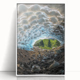 Framed acrylic artwork depicting a serene landscape with caves, showcasing earthy tones and intricate details, perfect for home decor and interior design.