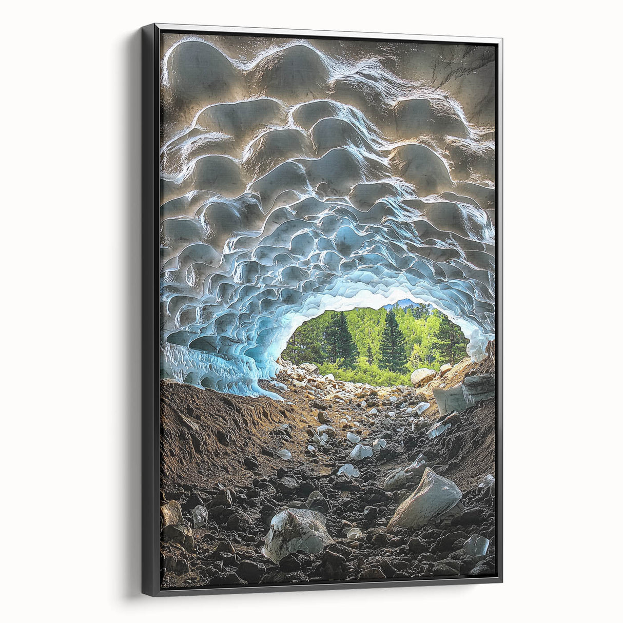Framed canvas art depicting a stunning landscape with intricate cave formations, showcasing rich earth tones and a sleek black frame, ideal for modern home decor.