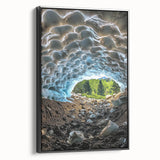 Framed canvas art depicting a stunning landscape with intricate cave formations, showcasing rich earth tones and a sleek black frame, ideal for modern home decor.