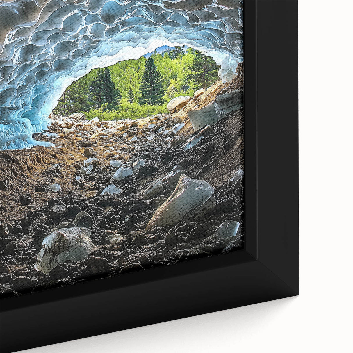 Close-up view of a framed canvas artwork depicting a serene landscape with intricate cave formations, featuring earthy tones and detailed textures, perfect for home decor.
