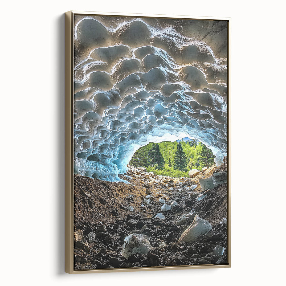 Framed canvas artwork depicting a serene landscape with caves, featuring a gold frame and side view perspective, ideal for enhancing home decor.