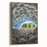 Framed canvas artwork depicting a serene landscape with caves, featuring a gold frame and side view perspective, ideal for enhancing home decor.