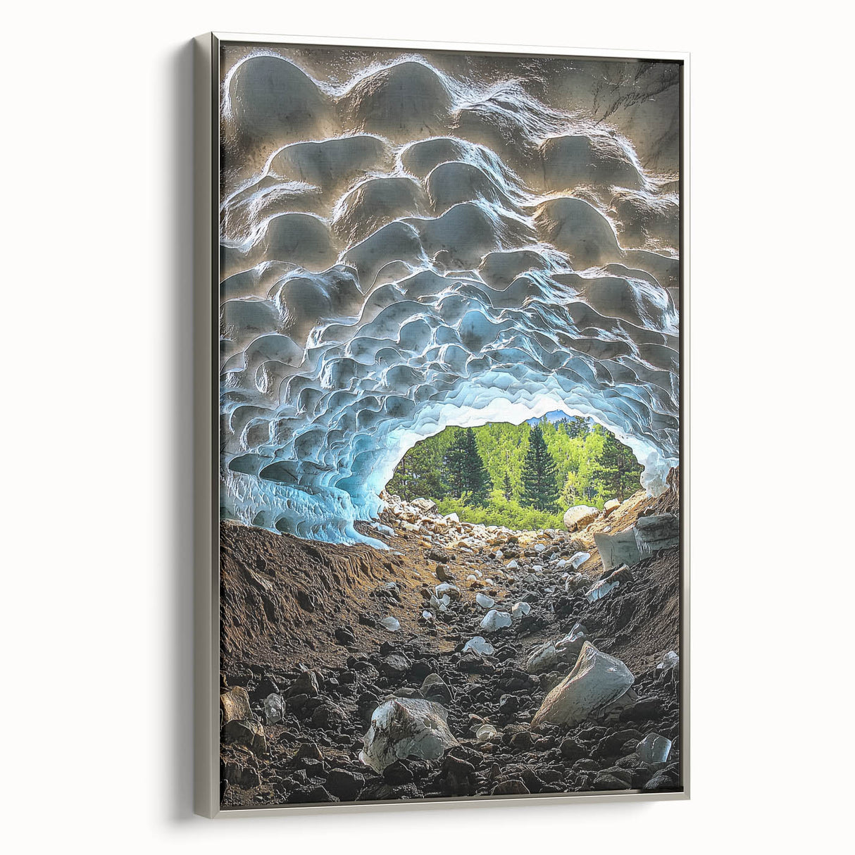 Framed canvas artwork showcasing a stunning landscape with intricate cave formations, presented in a sleek silver frame, ideal for modern home decor.