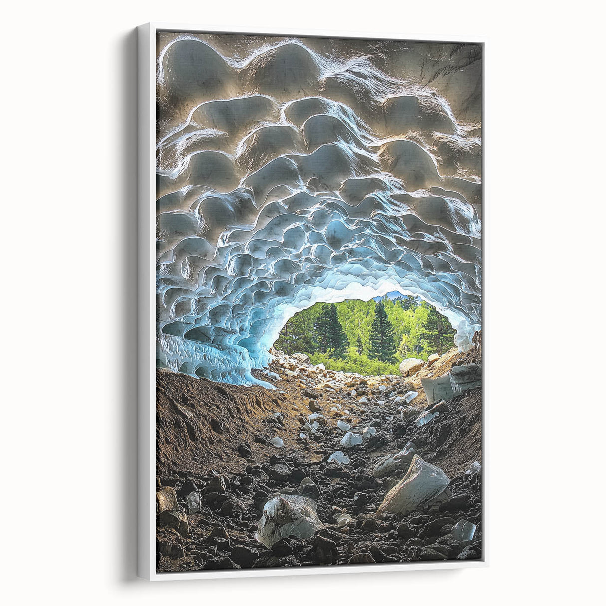 Framed canvas artwork showcasing a stunning cave landscape, with intricate details and vibrant colors, set against a sleek white frame, perfect for home decor.