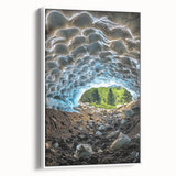 Framed canvas artwork showcasing a stunning cave landscape, with intricate details and vibrant colors, set against a sleek white frame, perfect for home decor.