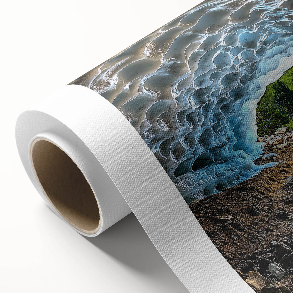 A vibrant rolled canvas showcasing an artistic landscape with intricate cave designs, featuring rich colors and textures, securely packaged in a protective tube.