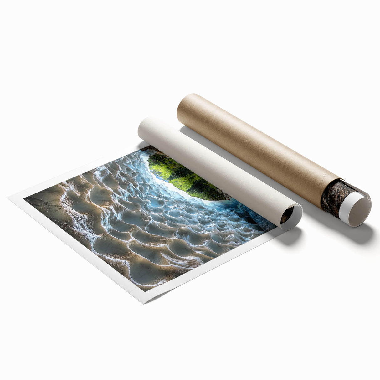 Vibrant rolled print showcasing a stunning landscape featuring intricate cave formations, ideal for home decor and artistic displays, packaged securely for delivery.