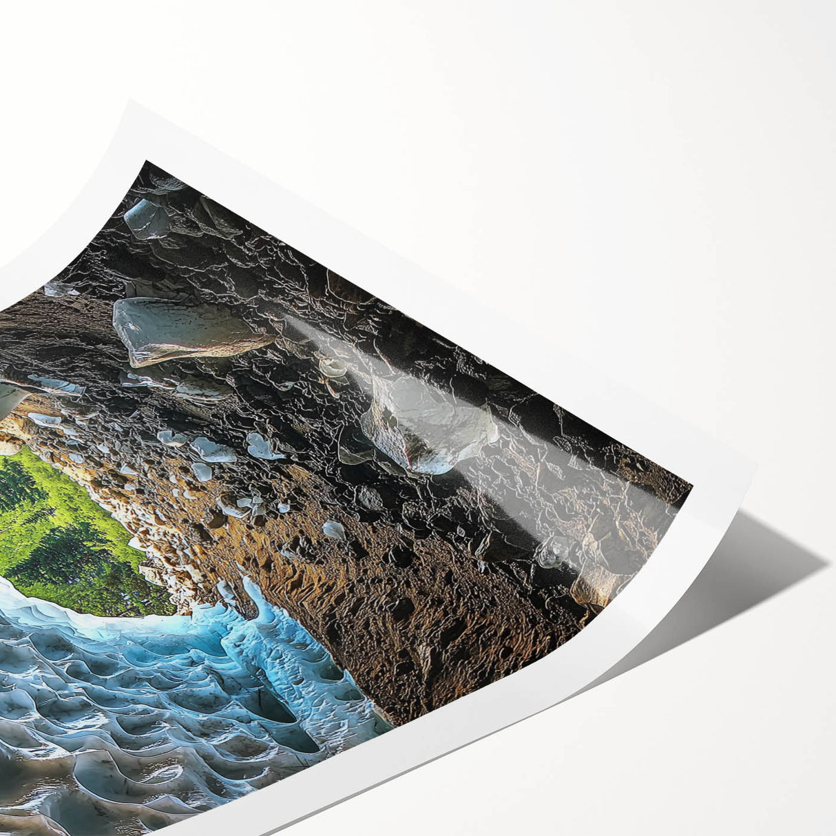 Rolled print showcasing a vibrant abstract landscape with cave formations, featuring rich earth tones and intricate details, designed for wall decor enthusiasts.