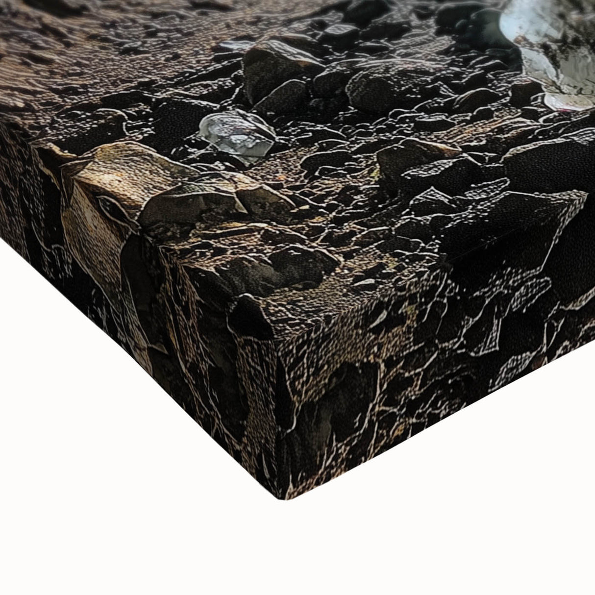 Close-up of a stretched canvas artwork depicting an abstract landscape with intricate cave formations in earthy tones, perfect for enhancing modern home decor.