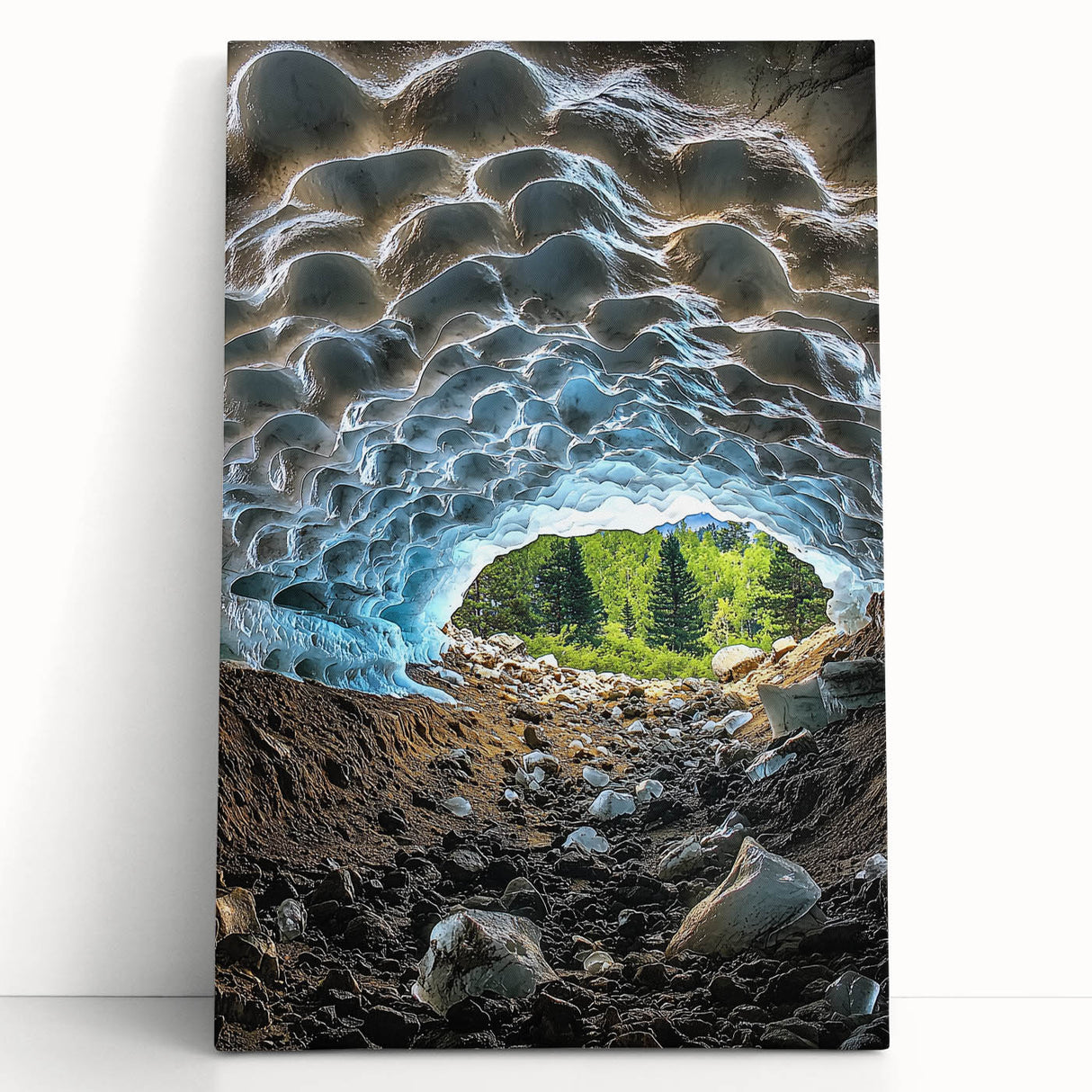 Stretched canvas artwork depicting a serene cave landscape with earthy tones, perfect for home decor. Ideal for nature lovers seeking unique wall art.