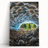 Stretched canvas artwork depicting a serene cave landscape with earthy tones, perfect for home decor. Ideal for nature lovers seeking unique wall art.
