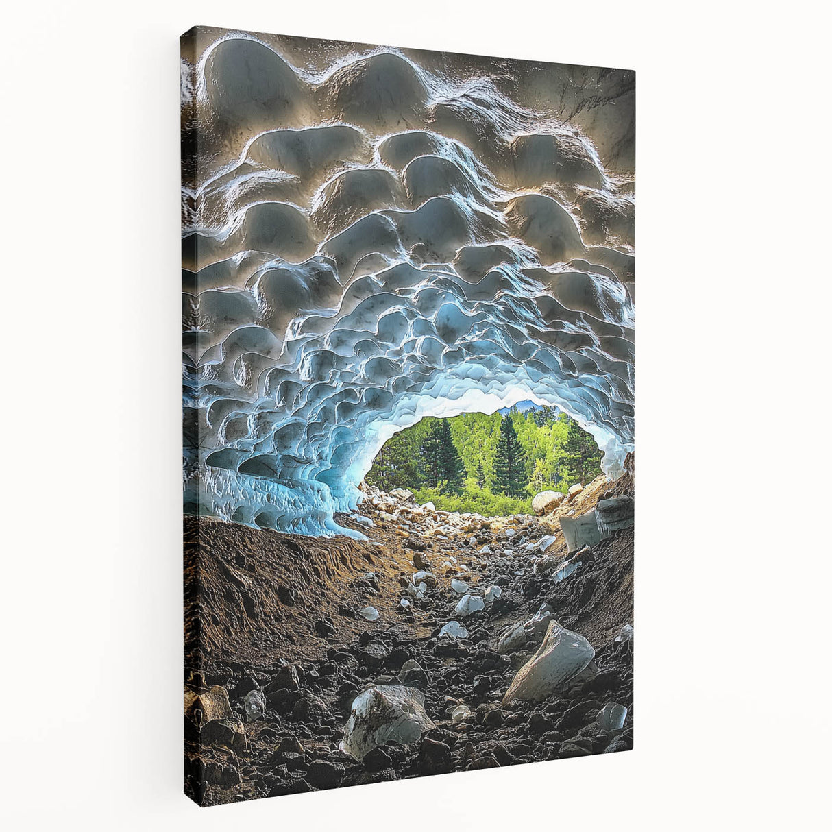 Stretched canvas artwork depicting a serene cave landscape with vibrant hues of blue and green, ideal for enhancing home decor or art collections.