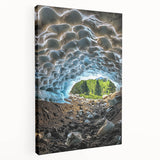 Stretched canvas artwork depicting a serene cave landscape with vibrant hues of blue and green, ideal for enhancing home decor or art collections.