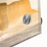Close-up of an abstract acrylic painting depicting vibrant cliffs and landscapes, showcasing rich colors and intricate textures on glass for a stunning visual effect.