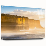 Acrylic glass artwork showcasing a stunning cliff landscape, highlighting vibrant colors and intricate details, displayed from a side view with mounting pins.
