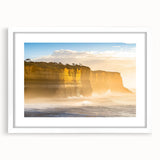 Framed landscape artwork showcasing dramatic cliffs with a white mat, perfect for home decor or office interiors, adding a touch of natural beauty to any space.