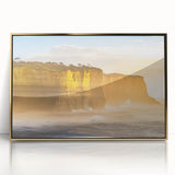 Framed acrylic artwork depicting a stunning cliff landscape with vibrant colors and intricate details, set in a sleek gold frame, perfect for enhancing home decor.