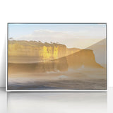 Framed acrylic artwork depicting dramatic cliffs in a serene landscape, featuring vibrant colors and intricate details, ideal for modern home decor.