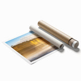 Vibrant rolled canvas print showcasing a dramatic cliff landscape, featuring rich colors and intricate details, securely packaged in a sturdy tube for safe delivery.