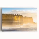 Vibrant stretched canvas artwork depicting dramatic cliffs and lush landscapes, showcasing rich colors and textures, perfect for enhancing home decor.