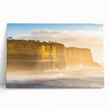 Stretched canvas artwork depicting a vibrant landscape of rugged cliffs against a serene sky, perfect for home decor and art enthusiasts looking to enhance their space.