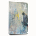 Abstract figurative acrylic artwork displayed in a glass frame, showcasing vibrant colors and intricate pins, perfect for modern interior decor.