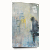 Abstract figurative acrylic artwork displayed in a glass frame, showcasing vibrant colors and intricate pins, perfect for modern interior decor.