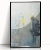 Abstract figurative art piece in a stylish black frame, showcasing vibrant colors and dynamic shapes, perfect for modern home decor and artistic expression.