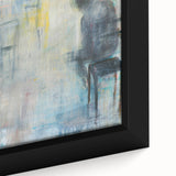 Close-up of a colorful abstract figurative framed canvas art piece, showcasing dynamic shapes and vibrant hues, perfect for modern home decor.