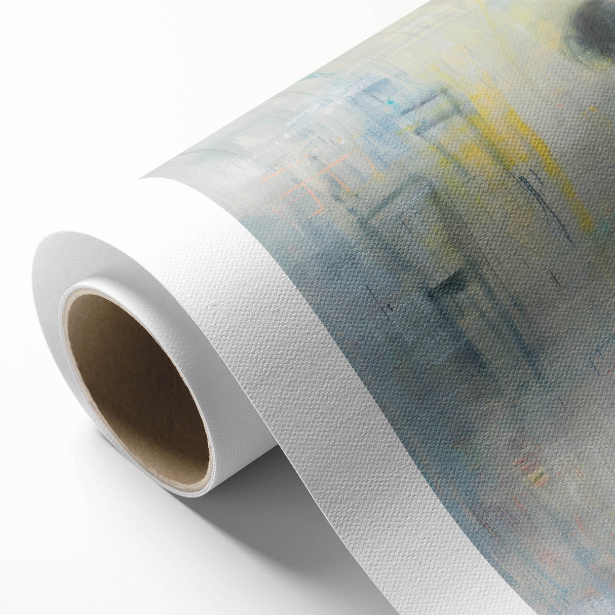 Abstract figurative wall art on rolled canvas, showcasing vibrant colors and intricate patterns, packaged securely in a robust cardboard tube for safe delivery.
