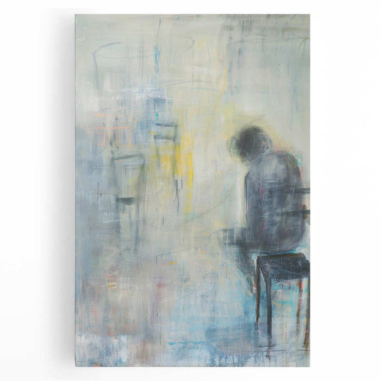 Abstract figurative stretched canvas artwork showcasing vibrant colors and dynamic shapes, perfect for modern home decor. Ideal for adding a unique artistic touch to living spaces.