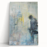 Abstract figurative art on stretched canvas depicting vibrant colors and fluid shapes, leaning against a neutral wall, ideal for modern home decor.