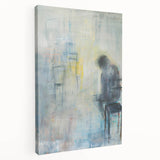 Abstract figurative stretched canvas artwork showcasing bold colors and dynamic shapes, viewed from the side, perfect for modern decor and artistic expression.