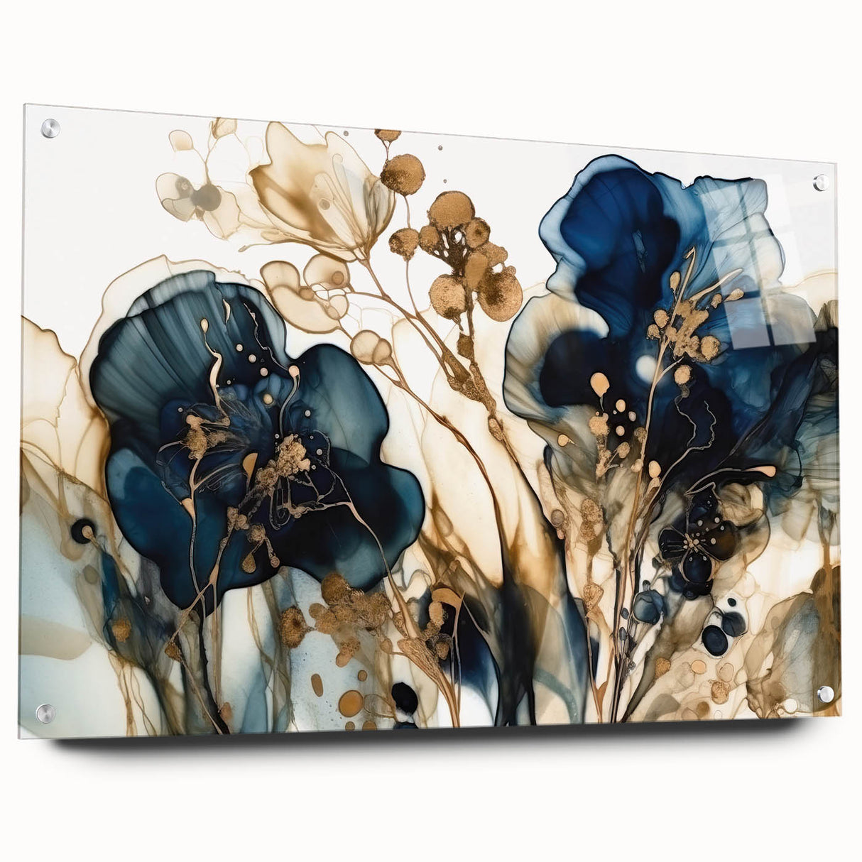 Abstract floral wall art displayed in a side view, showcasing vibrant colors on acrylic glass, secured with pins for a modern aesthetic.