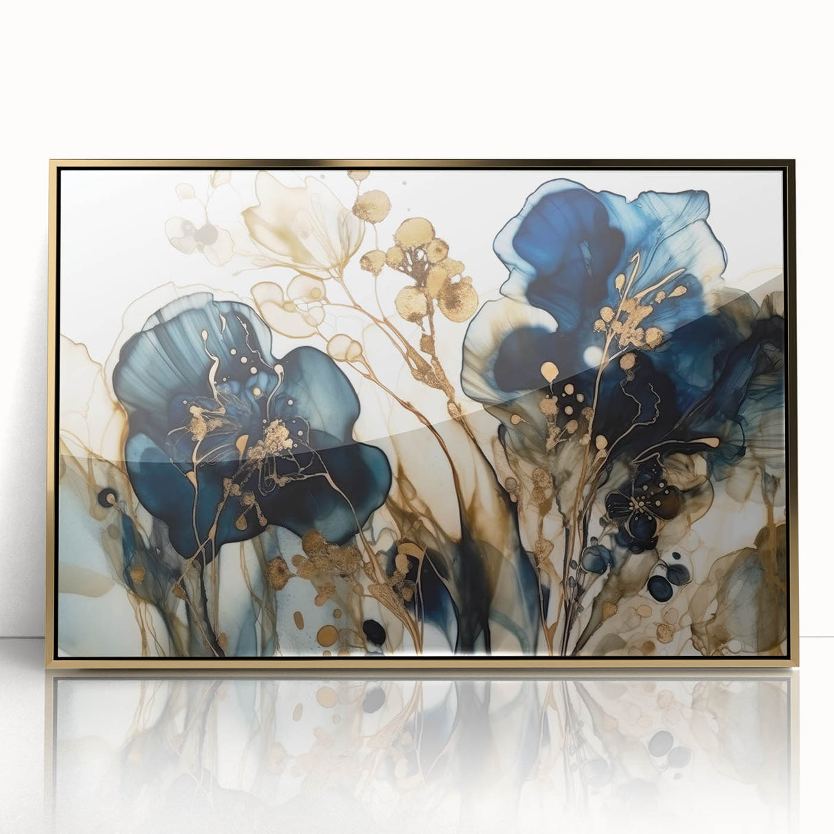 Framed abstract floral wall art featuring vibrant colors and gold accents, designed to add elegance and modernity to home decor. Ideal for stylish interiors.