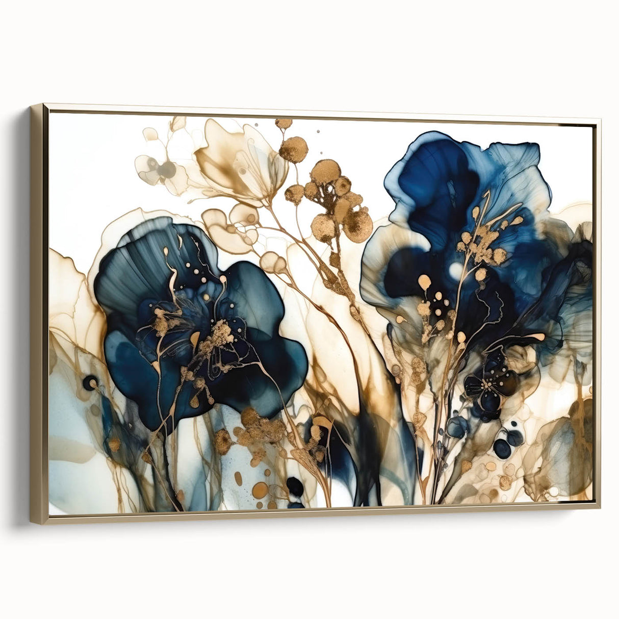 Framed wall art featuring abstract floral design in vibrant gold and soft pastels, perfect for adding elegance to modern home decor.