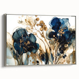 Framed abstract floral wall art in silver, showcasing vibrant colors and intricate designs, ideal for modern home decor. Side view highlights elegant frame details.