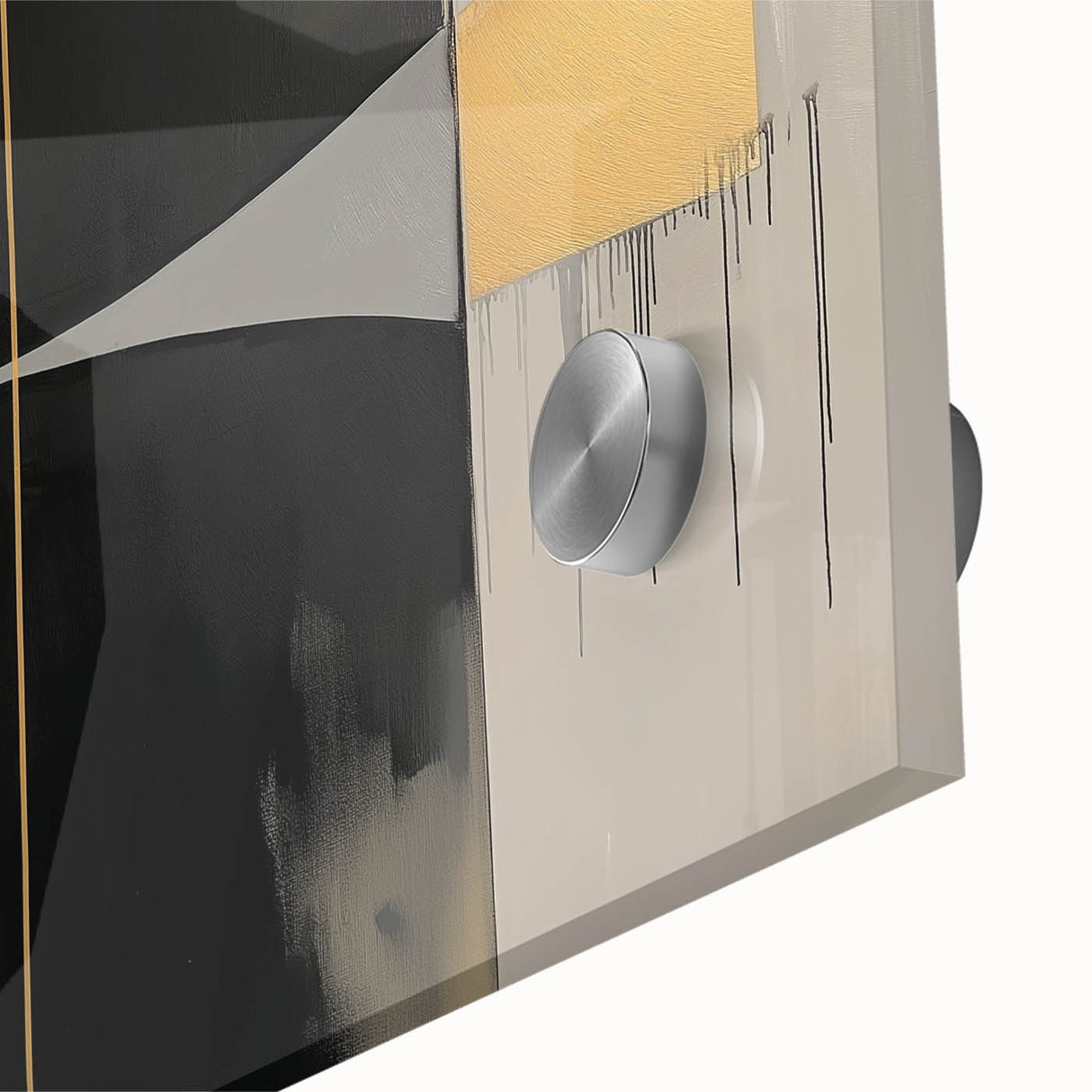 Close-up of an abstract geometric design printed on acrylic glass, showcasing vibrant colors and sharp angles, perfect for modern decor enhancement.