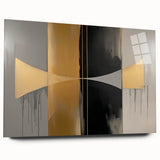 Abstract geometric acrylic glass artwork showcasing vibrant colors and intricate patterns, viewed from the side, emphasizing its modern design aesthetic and sleek finish. Perfect for contemporary decor, this piece adds a stylish touch to any space.