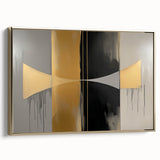 Abstract geometric framed canvas artwork showcasing a gold color palette, featuring sharp lines and unique shapes in a modern design, perfect for contemporary decor.