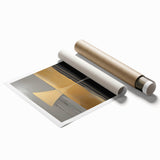 Abstract geometric rolled print showcasing vibrant colors and intricate shapes, elegantly packaged in a durable tube for safe shipping. Ideal for modern decor.