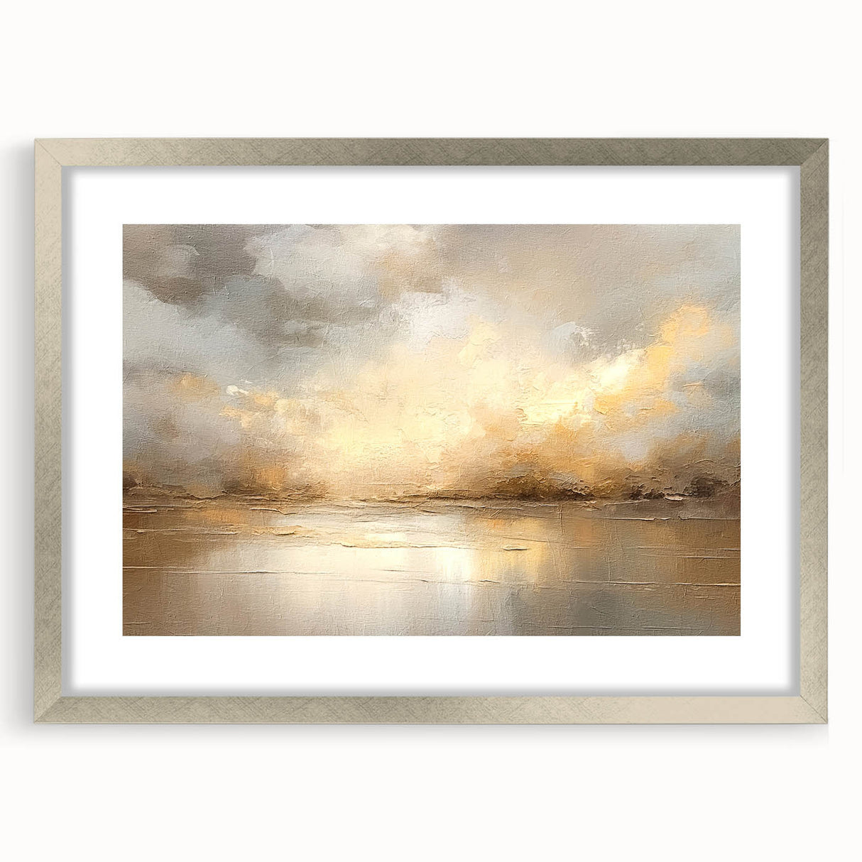 Abstract landscape wall art framed in silver, showcasing vibrant colors and intricate details, perfect for modern home decor. The artwork features a blend of natural elements that create a serene ambiance, ideal for living spaces or offices.