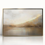 Framed abstract landscape wall art in gold acrylic showcasing vibrant hues of blue, green, and orange, perfect for modern home decor. Ideal for enhancing living spaces with artistic flair.