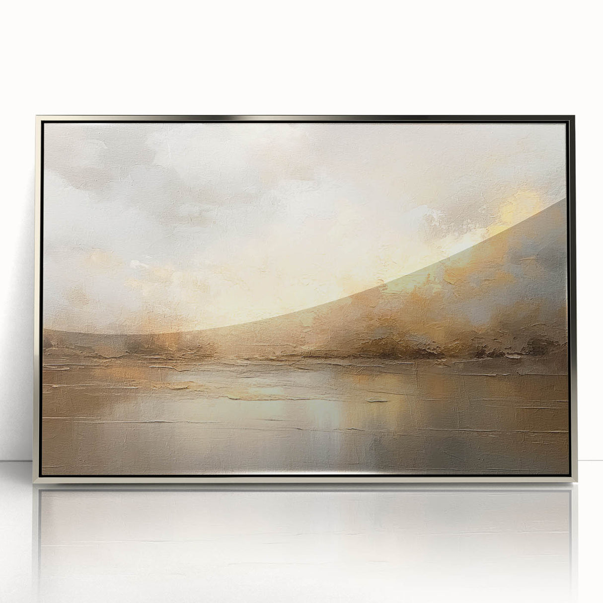 Framed abstract landscape wall art in silver acrylic, showcasing vibrant colors and dynamic shapes, perfect for modern home decor accents.