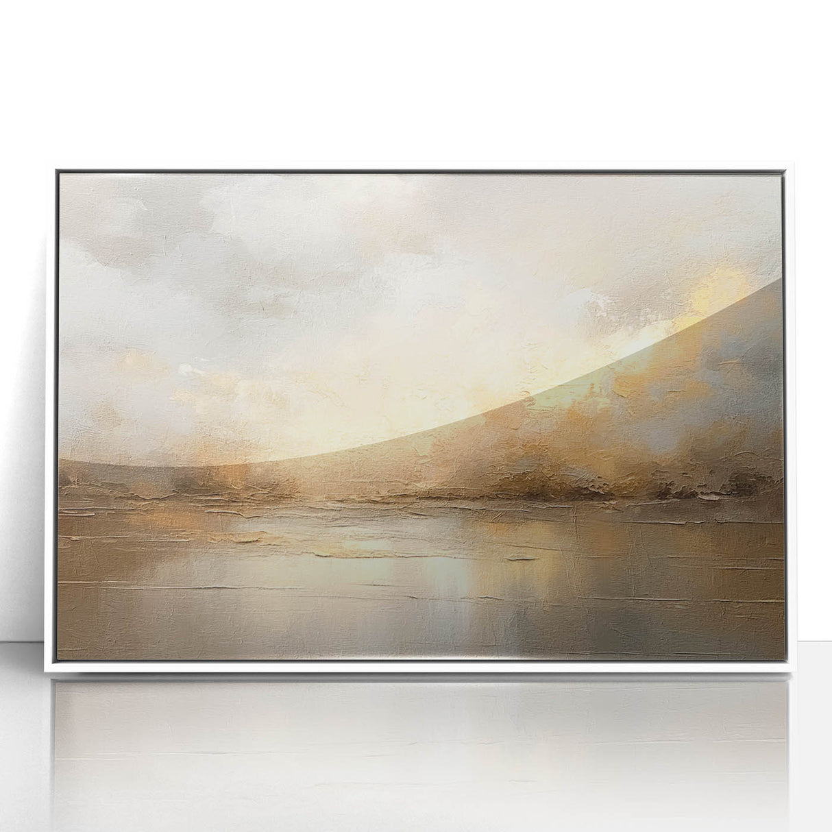 Framed abstract landscape wall art featuring vibrant colors of blue, green, and gold, set in a sleek white frame, ideal for modern home decor.