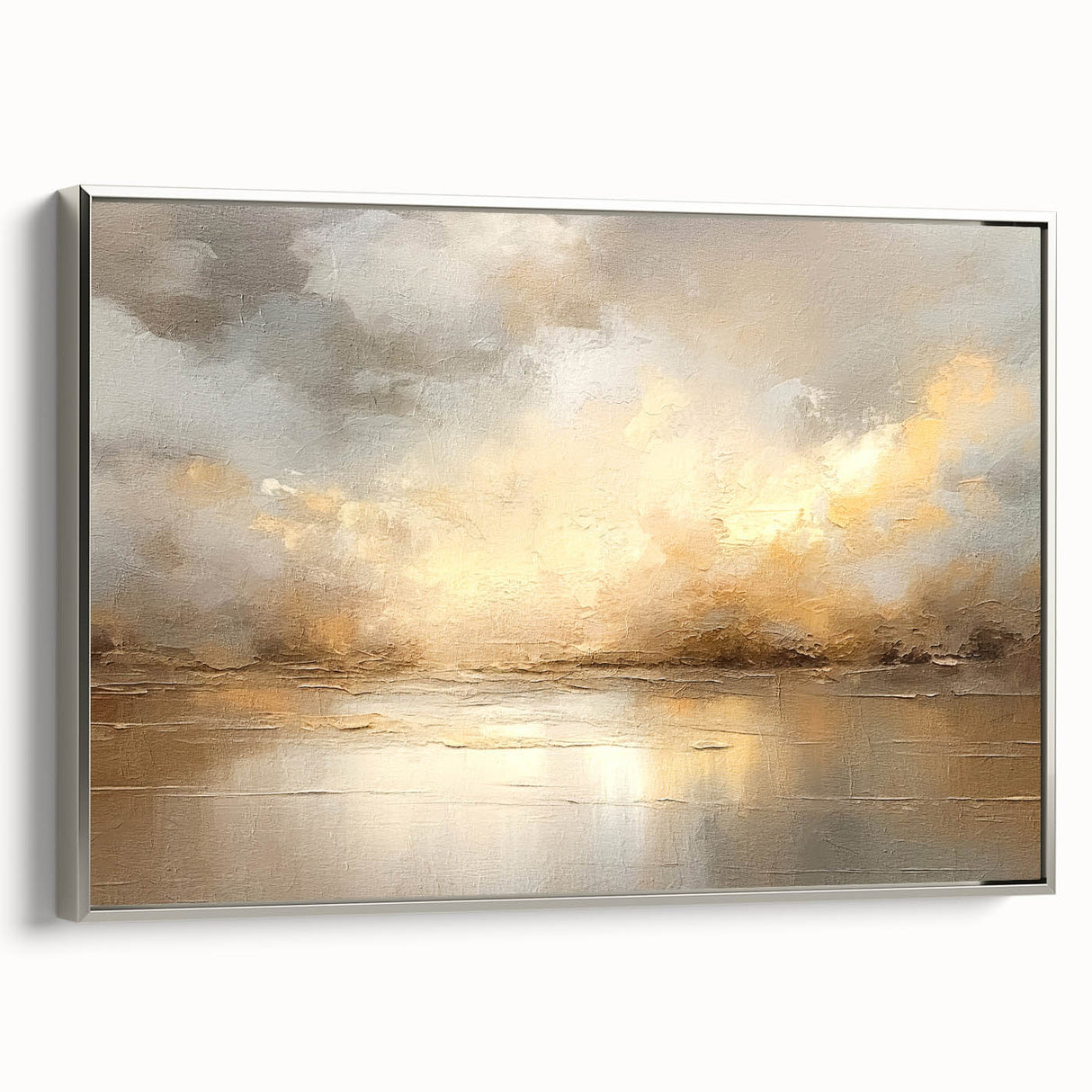 Framed abstract landscape wall art featuring soft hues of blue and gray, with a sleek silver frame, displayed in a stylish interior setting, adding a modern touch to home decor.