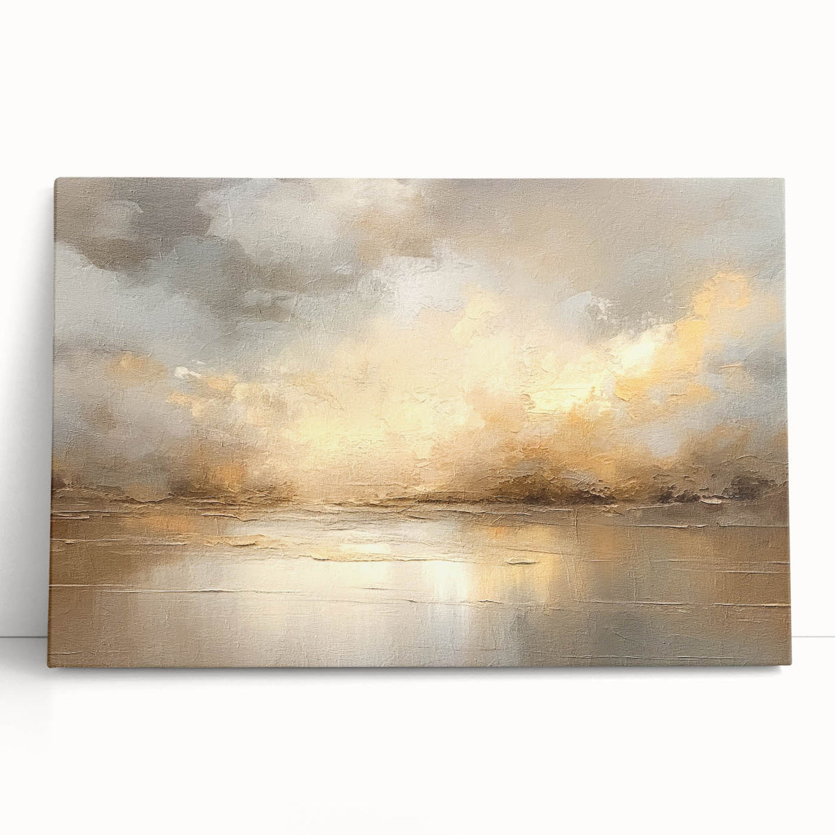 Abstract landscape wall art on a stretched canvas, showcasing vibrant hues of blue, green, and orange, perfect for modern home decor. Leaning against a neutral wall, it adds a contemporary artistic touch to any room setting while enhancing visual aesthetics.