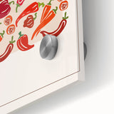 Close-up of large abstract wall art featuring assorted fruits in vibrant colors, printed on acrylic glass.